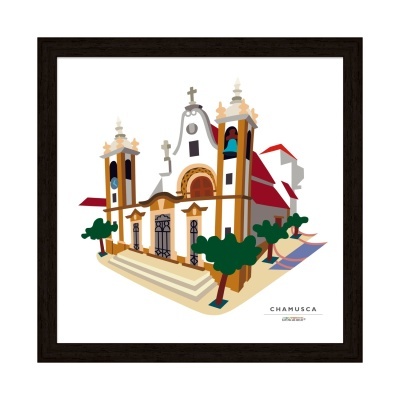 Ilustração de igreja com árvores e texto CHAMUSCA em moldura preta