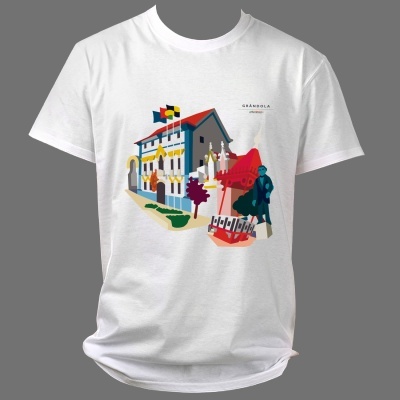 T-shirt branca com estampa colorida de edifício e figura humana