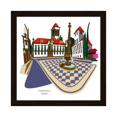 Ilustração de cidade com fonte e edifícios de telhados vermelhos em moldura preta