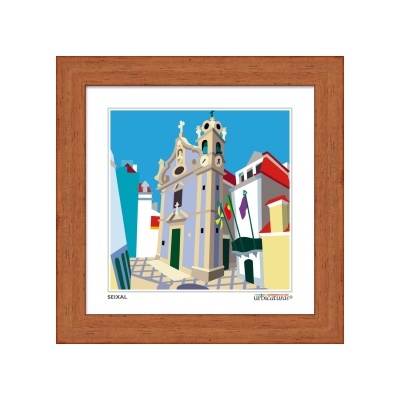 Ilustração de edifício histórico com bandeiras emoldurada em madeira