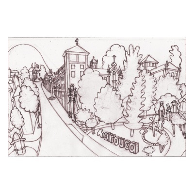 Desenho a preto e branco de uma rua com árvores e edifícios históricos.