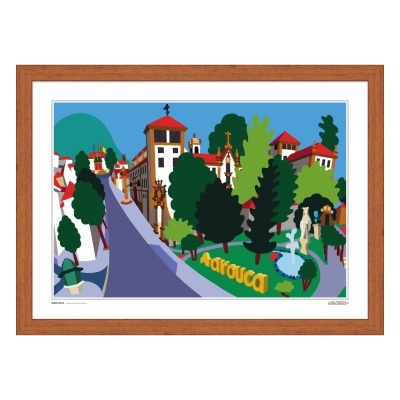 Ilustração colorida de cenário urbano com árvores, edifícios e fonte, com texto 'tarouca' amarelo