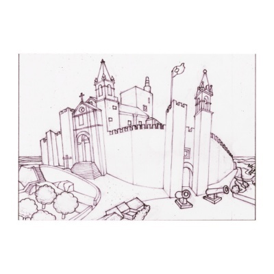 Desenho a preto e branco de fortaleza com muralhas e torres com sinos