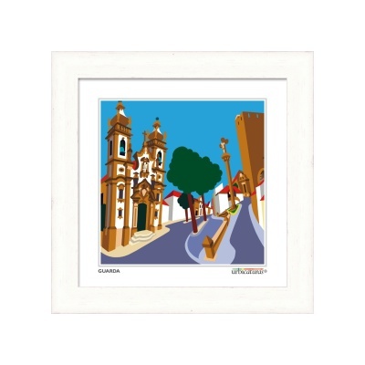 Quadro decorativo da cidade de Guarda com igreja, árvores e castelo em estilo minimalista