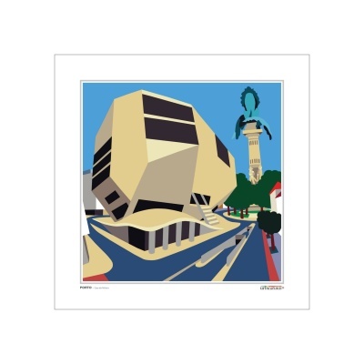 Ilustração digital de arquitetura moderna com edifício amarelo e torre azul num fundo azul claro