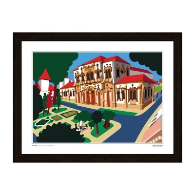 Quadro emoldurado com desenho estilizado de edifício antigo e árvores verdes