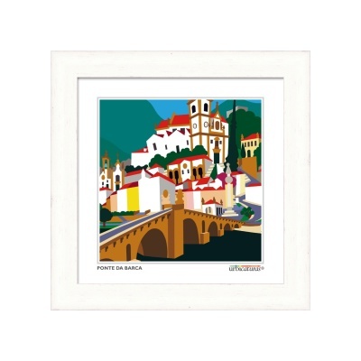 Gravura colorida da Ponte da Barca emoldurada com moldura branca.