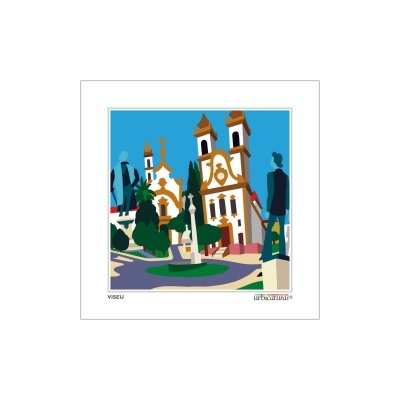 Ilustração colorida de igrejas e árvores com texto VISEU