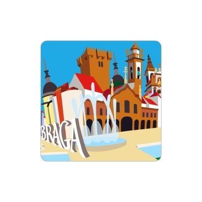 Ilustração colorida de edifícios históricos, fonte e texto BRAGA
