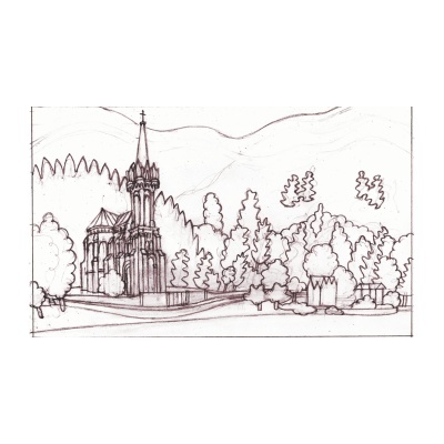 Desenho a lápis de igreja com torre alta rodeada por árvores