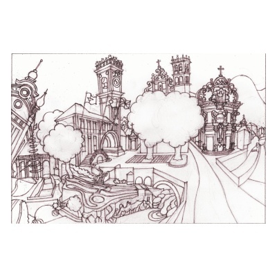 Desenho a lápis de paisagem urbana com edifícios e árvores