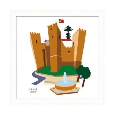 Ilustração de castelo castanho com fonte e árvores em moldura branca, texto Loulé