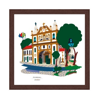 Ilustração de edifício histórico com torres, árvores e busto emoldurada