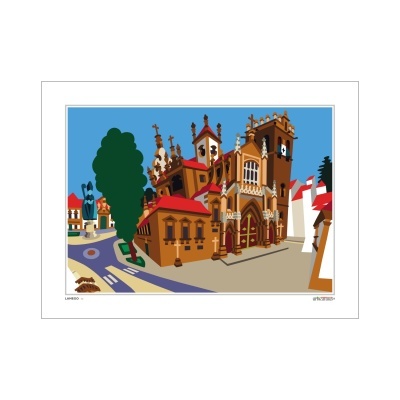 Ilustração de edifício antigo em Lamego com ruas e árvores