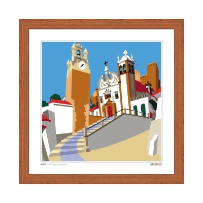 Quadro em moldura de madeira com arte digital colorida de edifícios históricos.