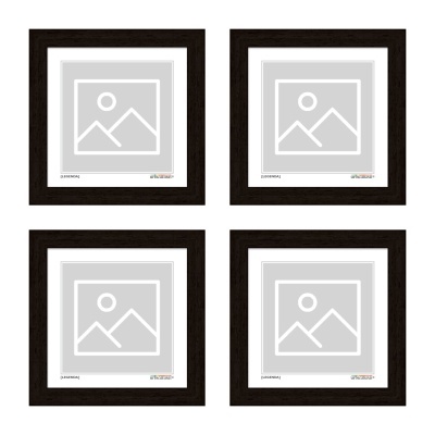Conjunto de quatro molduras quadradas de madeira escura com espaço para foto