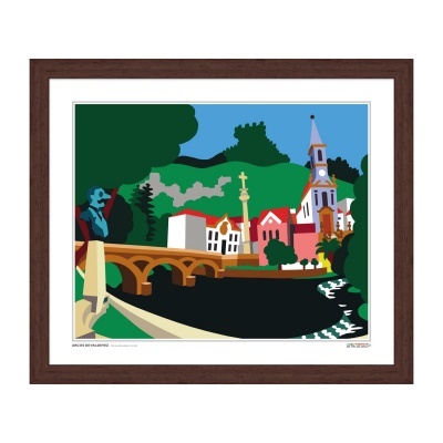Quadro colorido com cenário urbano, ponte, casas e árvores com moldura castanha