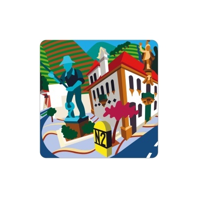 Ilustração colorida de estátua de pescador, edifício e marco com texto N2