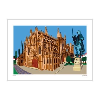 Ilustração digital da catedral gótica castanha ao lado de estátua azul de cavaleiro sobre cavalo