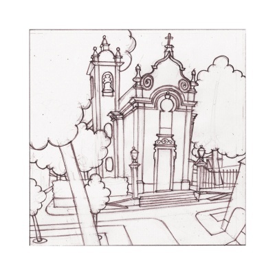 Desenho a lápis de uma igreja antiga com torre e árvores