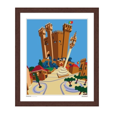 Ilustração colorida de castelo português em quadro com moldura castanha