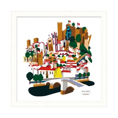 Ilustração colorida da cidade de Silves com castelo, ponte e casas