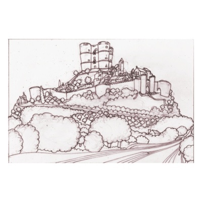 Desenho a tinta de castelo medieval numa colina com árvores e caminho