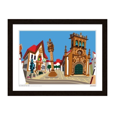Imagem digital colorida moldurada de praça com construções típicas e igreja