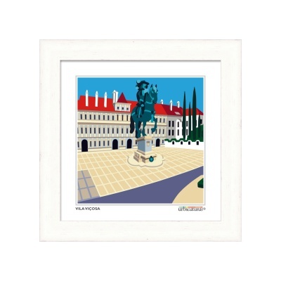 Ilustração digital emoldurada com estátua equestre na praça de Vila Viçosa