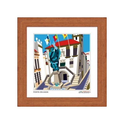 Ilustração de praça em Ponta Delgada com estátua azul, edifícios brancos e telhados vermelhos, bandeiras e moldura de madeira