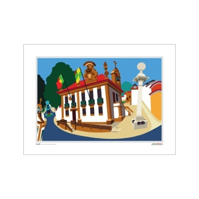 Ilustração digital de edifício branco com molduras castanhas e coluna branca numa praça sob céu azul