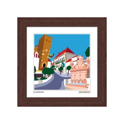 Imagem gráfica colorida de uma praça com torre, fonte e edifícios