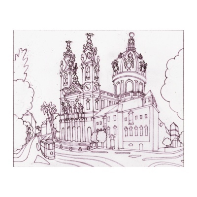 Desenho a lápis de uma catedral com torres e cúpula, rua, elétrico e árvores