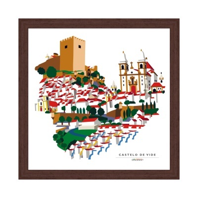 Ilustração colorida do concelho de Castelo de Vide em moldura castanha