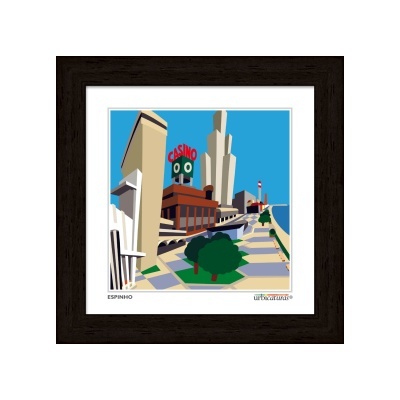 Quadro decorativo com imagem colorida de edifícios e letreiro casino