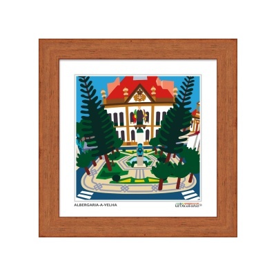 Quadro com ilustração de edifício e árvores com moldura de madeira