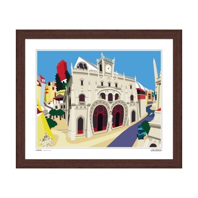 Ilustração colorida de edifício histórico em moldura de madeira