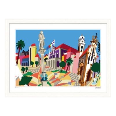 Ilustração colorida de uma praça com edifícios e monumentos, incluindo uma estátua no centro.