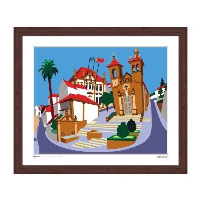 Ilustração de cenário urbano histórico com igreja e árvores em moldura de madeira.