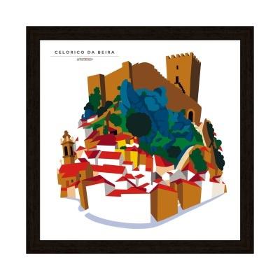 Ilustração emoldurada de Celorico da Beira com casas e castelo