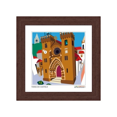 Ilustração estilizada da Catedral de Viana do Castelo em quadro com moldura castanha