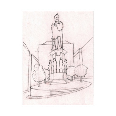 Desenho a lápis de monumento com estátua e árvores ao redor