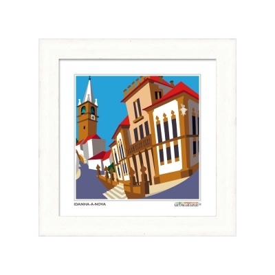 Pintura colorida de edifícios tradicionais e torre com relógio em moldura branca