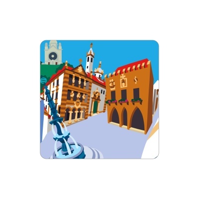 Ilustração de praça com fontes e edifícios históricos coloridos