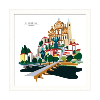 Ilustração colorida de Mirandela com edifícios, árvores e uma ponte