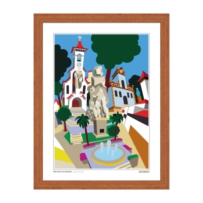 Pôster colorido emoldurado mostrando praça com estátua, igreja e fonte