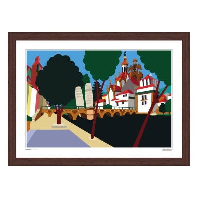 Imagem digital colorida da Ponte de Trajano em Chaves em moldura de madeira