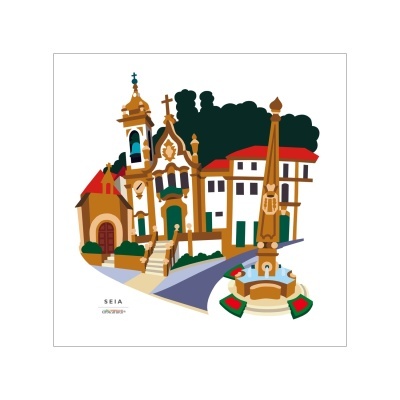 Ilustração colorida de monumentos e edifícios históricos em Seia