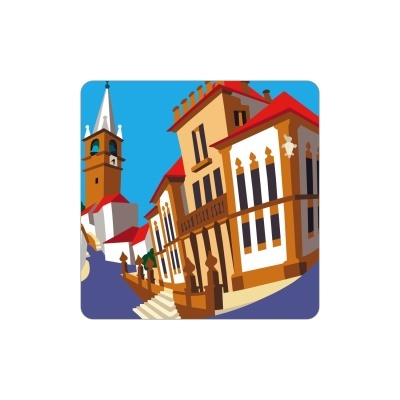 Prédios históricos ilustrados com torre de igreja e céu azul