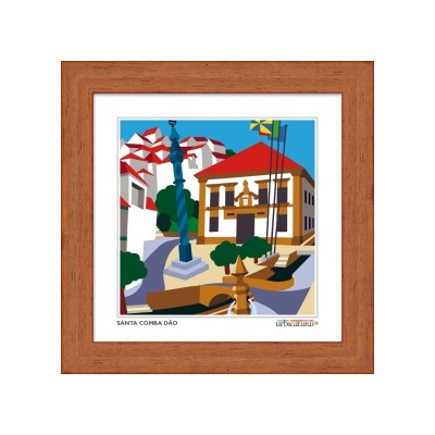 Gravura emoldurada da praça de Santa Comba Dão com edifícios e estátua